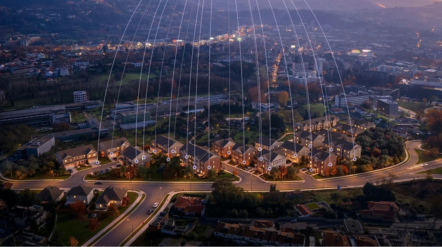 Aerial view of a residential neighbourhood at dusk with glowing data-network lines rising from the homes.