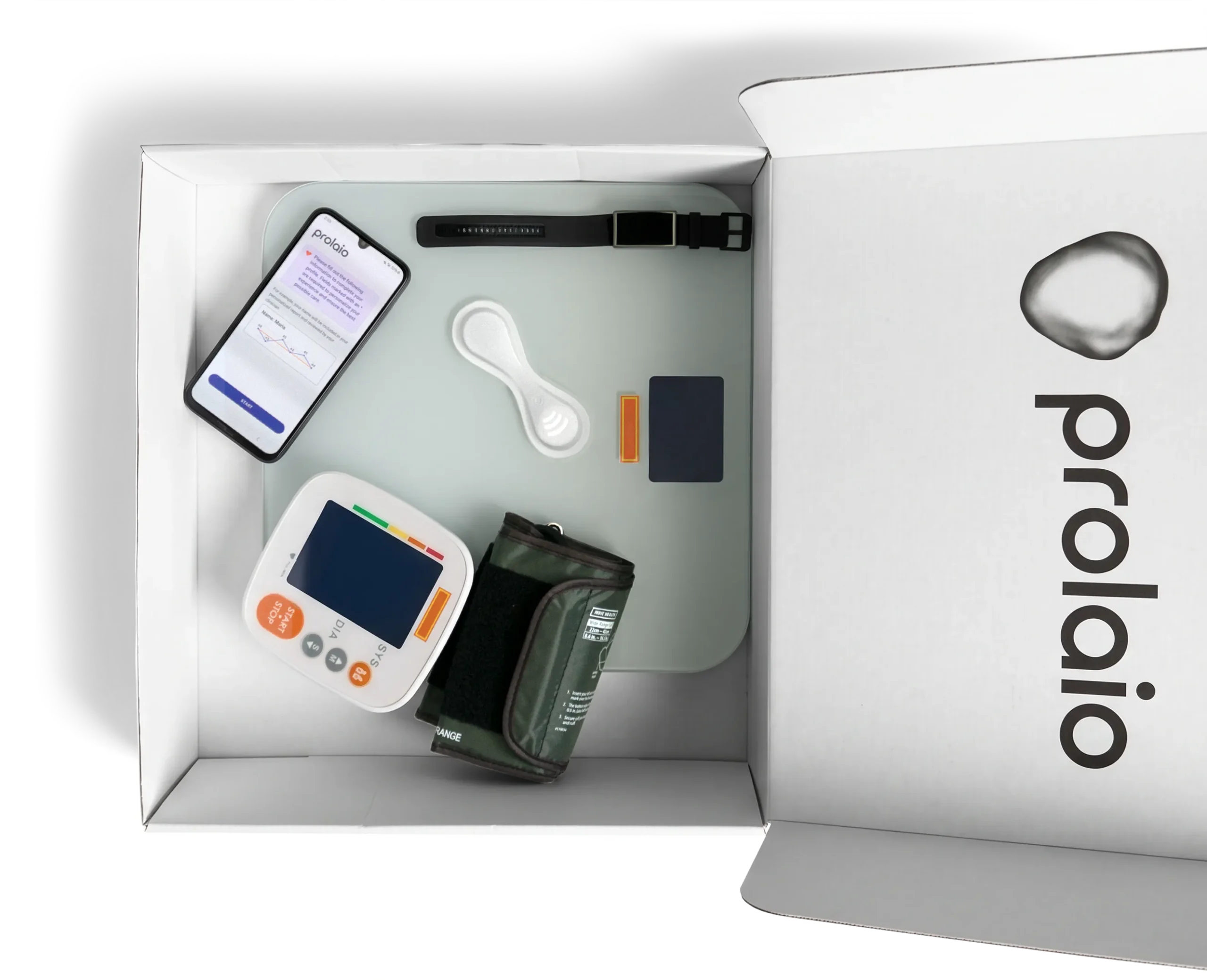 The Prolaio at-home study kit: an open branded box with a blood-pressure monitor and cuff, wearable, ECG patch, and the companion app on a phone.